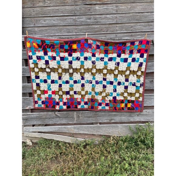 unbranded Other - Vintage 1960s Wool Patchwork tied Quilt  73x43" Plaid Bright Colors